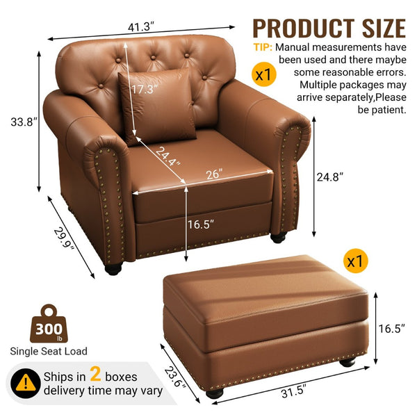 English Elm 41.3"upholstered Faux Leather Accent Sofa Button Tufted Nailhead Chesterfield Style Seat Brown W1885S00423