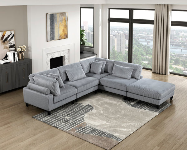 English Elm 5pc Modular Sectional Sofa Set in Corduroy Upholstery with Ottoman & Accent Pillows, Modern Luxe Gray 40 L x 40 W x 13.5 H B011S01560