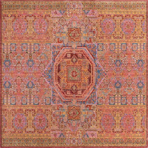 Unique Loom Austin Alto Machine Made Border Rug Peach, Blue/Brown/Gold/Green/Light Blue/Orange/Puce/Red 8' 0" x 8' 0"