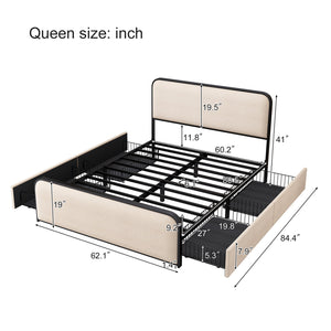English Elm Modern Metal Bed Frame with Upholstered Curved Headboard, Underbed Storage, Heavy-Duty Slats, Queen Beige 63.75 L x 21.75 W x 8 H N701P229016B