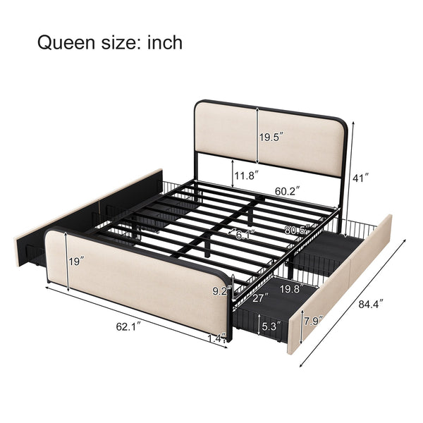 English Elm Modern Metal Bed Frame with Upholstered Curved Headboard, Underbed Storage, Heavy-Duty Slats, Queen Beige 63.75 L x 21.75 W x 8 H N701P229016B