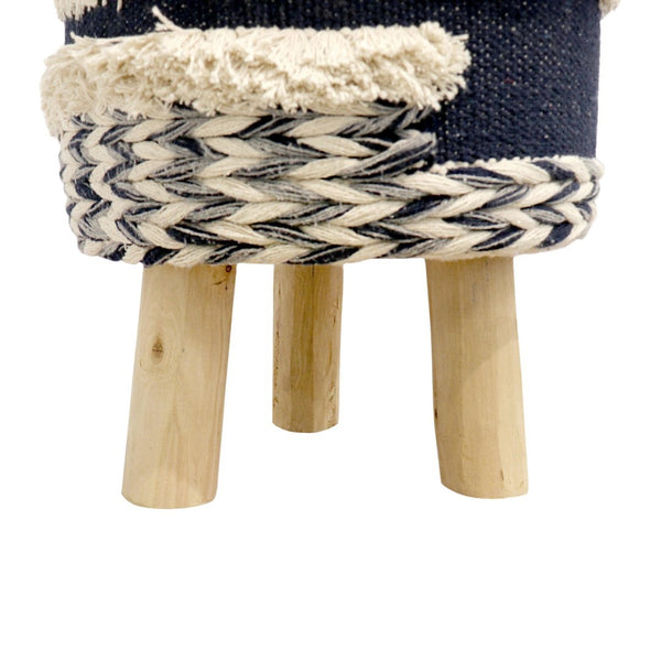 Pasargad Home Grand Canyon Cotton Pouf With Stylish Wooden Legs For Chic Living Room Decor Navy Cotton Ppf-789-1