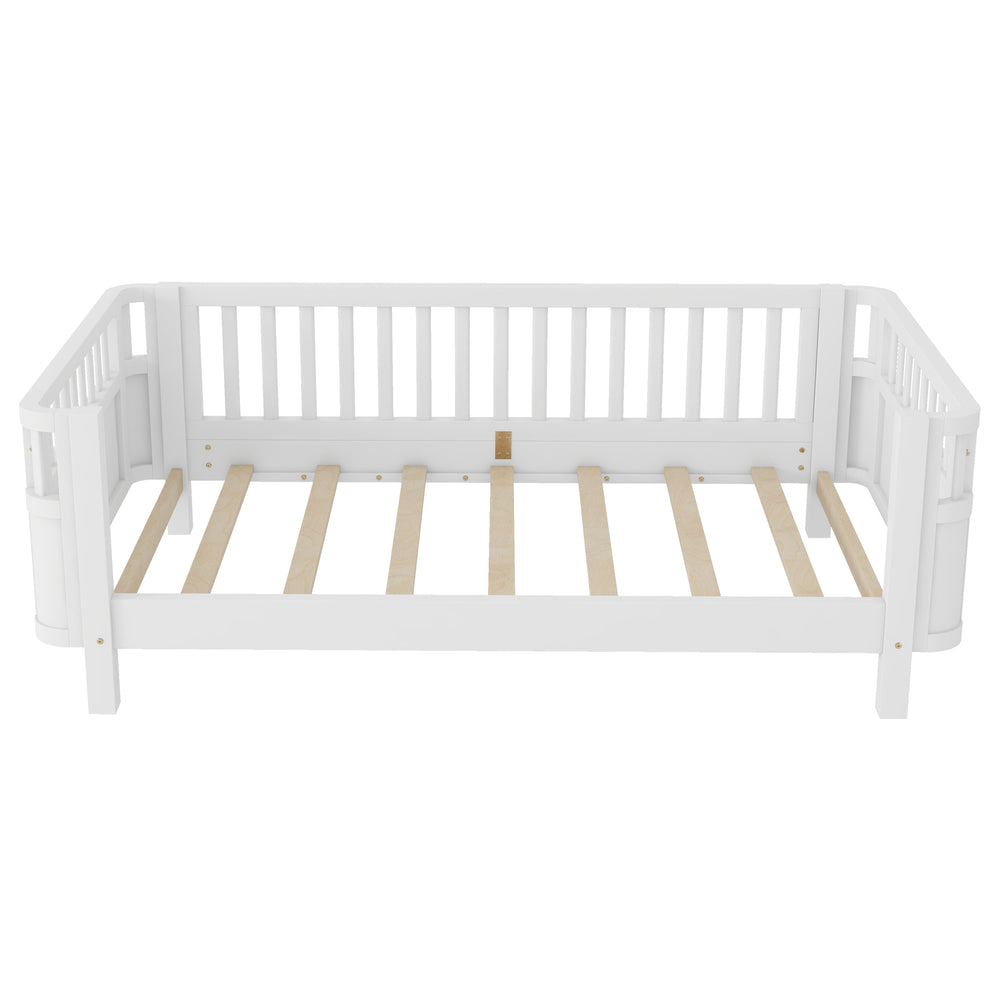 Twin Solid Pine Low Profile Kids Bed with Full Guardrail System and Rounded Safe Corners