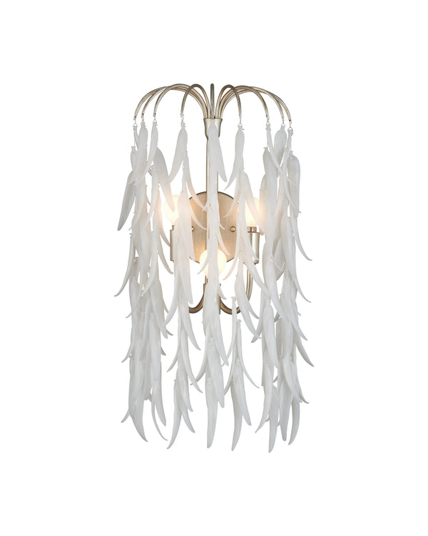 Currey & Company Glen Arbor Three Light Gold Wall Sconce with White Pressed Glass Willow Leaf Design 5000-0286