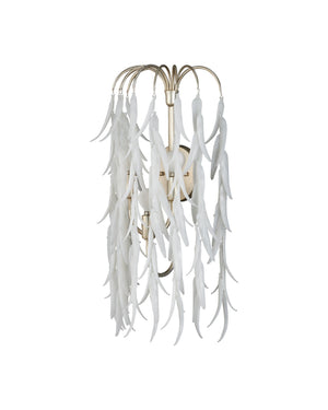 Currey & Company Glen Arbor Three Light Gold Wall Sconce with White Pressed Glass Willow Leaf Design 5000-0286