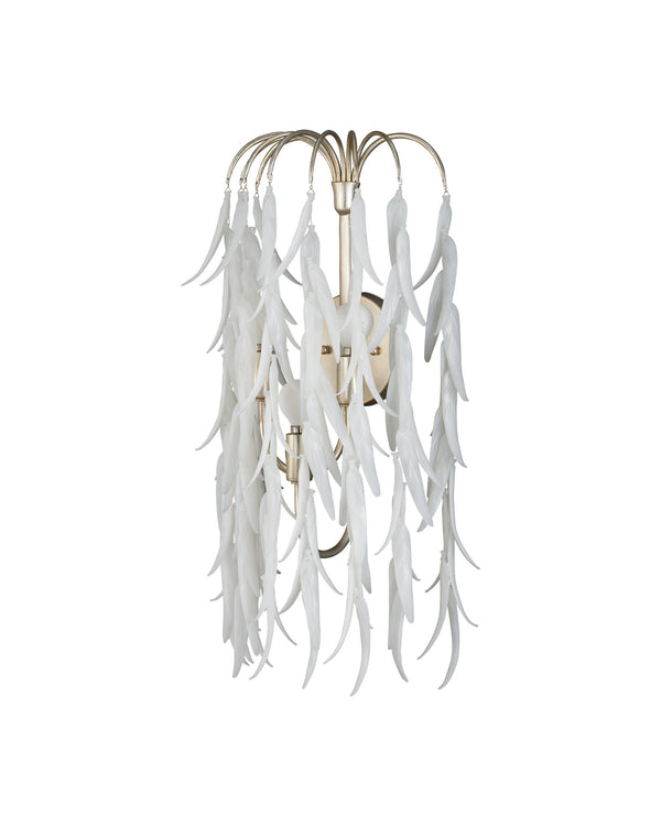 Currey & Company Glen Arbor Three Light Gold Wall Sconce with White Pressed Glass Willow Leaf Design 5000-0286
