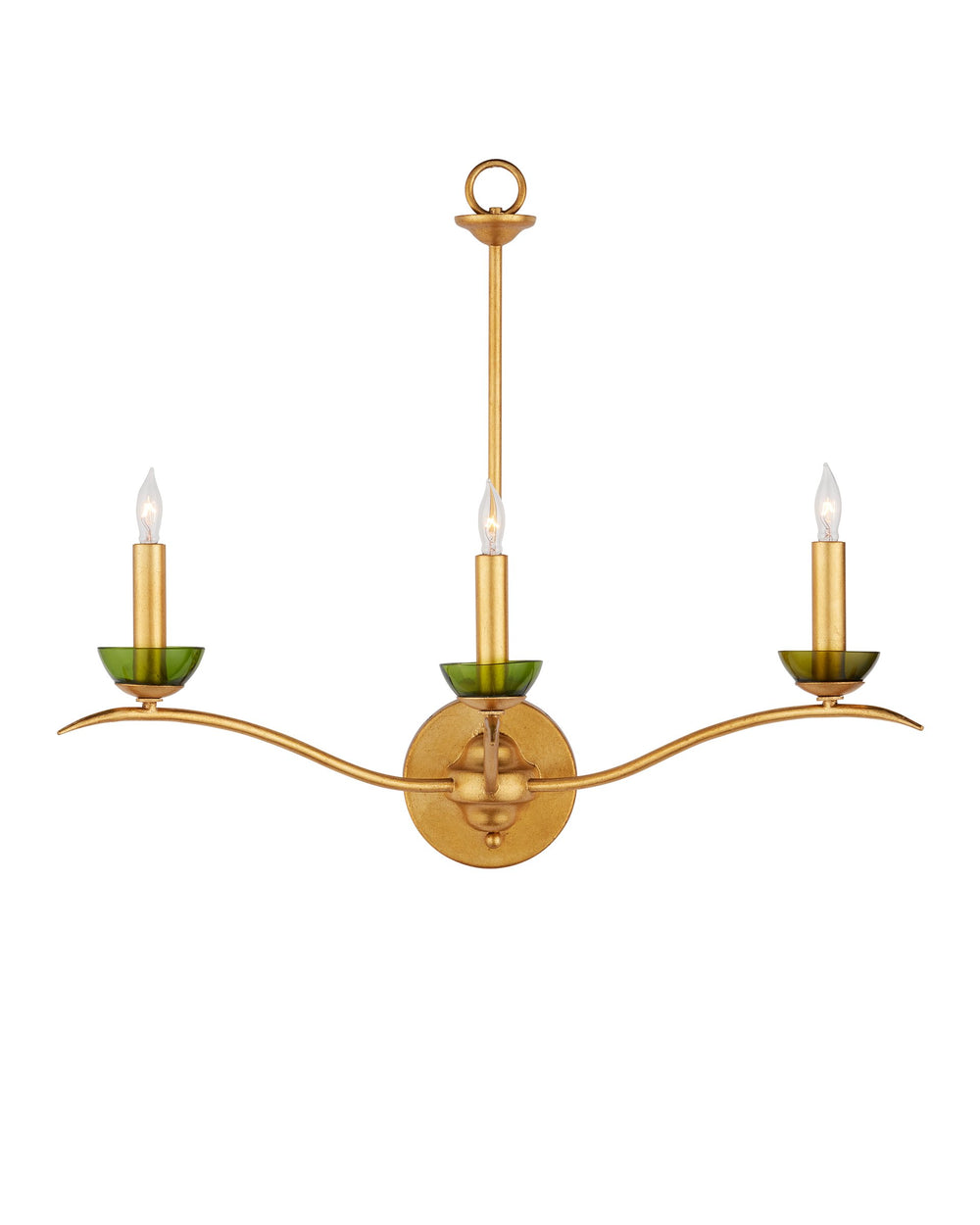 Currey & Company Flannery Three Light Gold Wall Sconce with Recycled Green Glass Bobeches for Entryways 5000-0288