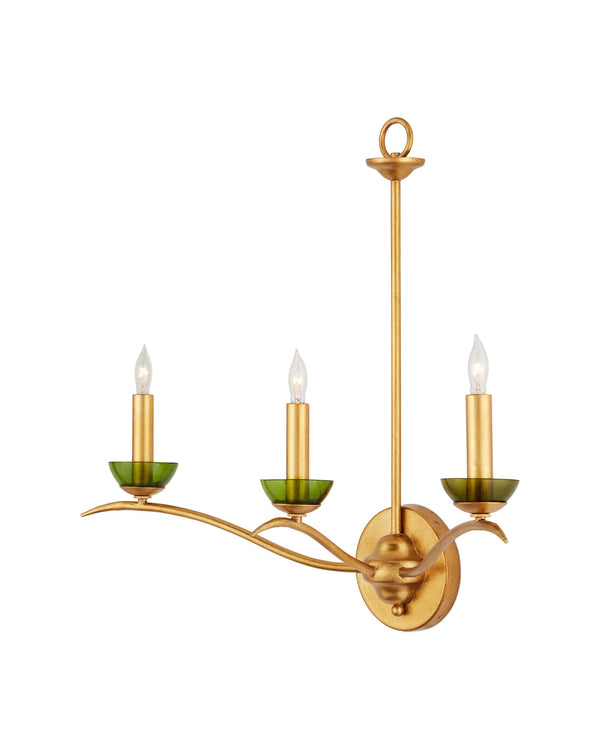 Currey & Company Flannery Three Light Gold Wall Sconce with Recycled Green Glass Bobeches for Entryways 5000-0288
