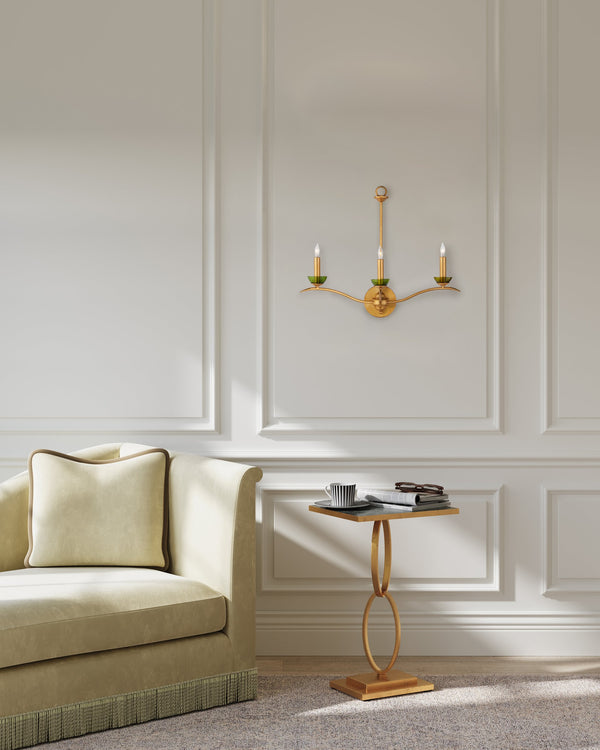 Currey & Company Flannery Three Light Gold Wall Sconce with Recycled Green Glass Bobeches for Entryways 5000-0288