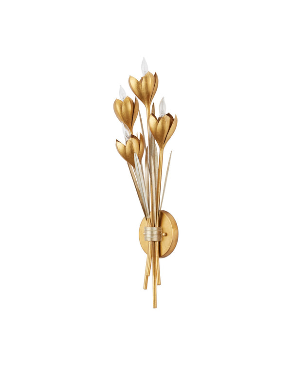 Currey & Company Hortensia Currey and Company Wrought Iron Botanical Four Light Gold Wall Sconce 5000-0289