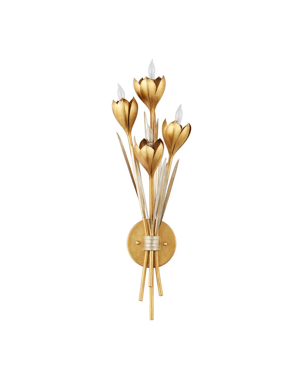 Currey & Company Hortensia Currey and Company Wrought Iron Botanical Four Light Gold Wall Sconce 5000-0289
