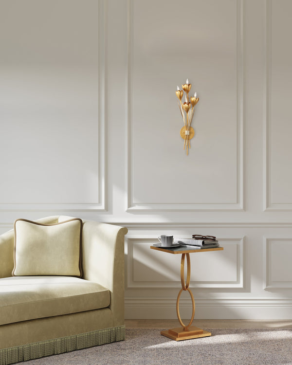 Currey & Company Hortensia Currey and Company Wrought Iron Botanical Four Light Gold Wall Sconce 5000-0289