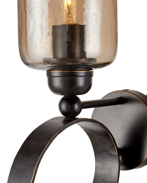 Currey & Company Wemyss Hand-Forged Iron Wall Sconce with Smoke Hammered Glass for Dramatic Entryways 5000-0297