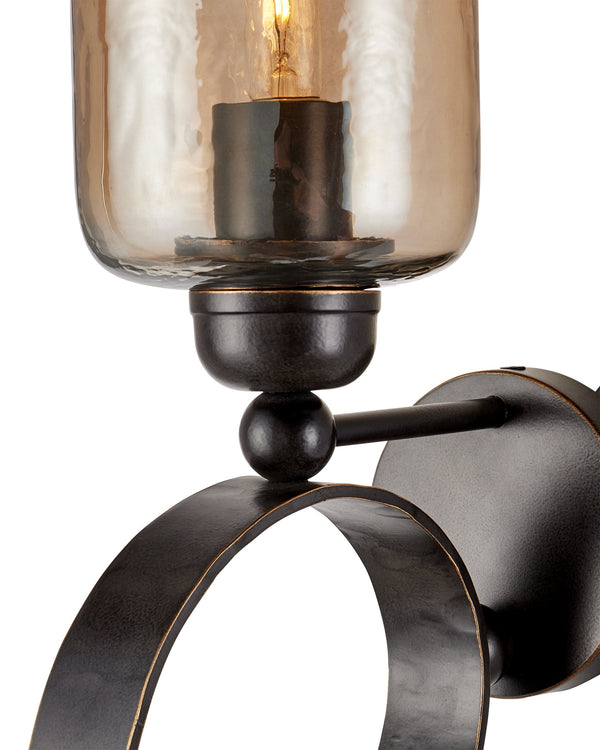 Currey & Company Wemyss Hand-Forged Iron Wall Sconce with Smoke Hammered Glass for Dramatic Entryways 5000-0297