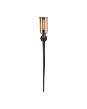Currey & Company Wemyss Hand-Forged Iron Wall Sconce with Smoke Hammered Glass for Dramatic Entryways 5000-0297