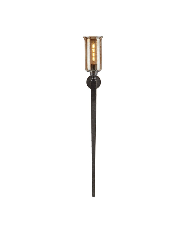 Currey & Company Wemyss Hand-Forged Iron Wall Sconce with Smoke Hammered Glass for Dramatic Entryways 5000-0297
