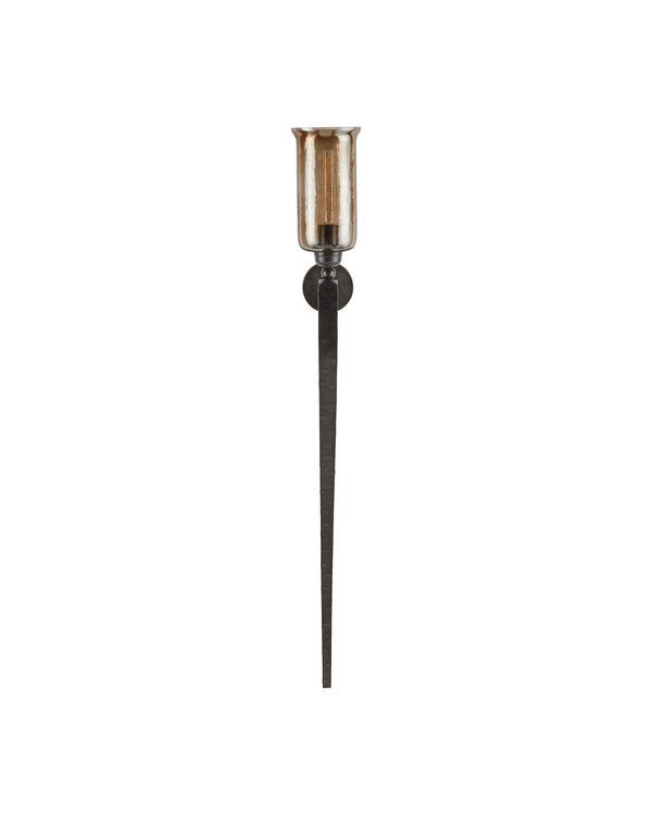Currey & Company Wemyss Hand-Forged Iron Wall Sconce with Smoke Hammered Glass for Dramatic Entryways 5000-0297
