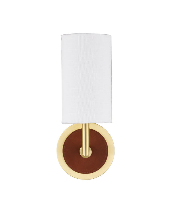 Currey & Company Ellerston Gold and Leather Wall Sconce Dimmable Accent Light for Bedroom or Study 5000-0298