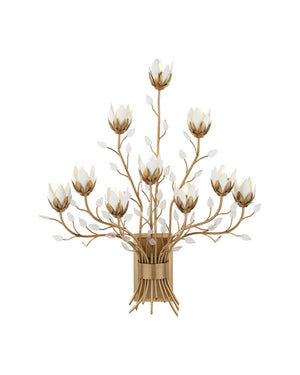 Currey & Company Star Magnolia Ten Light Gold White Metal Floral Sconce for Foyer or Living Room 5000-0299