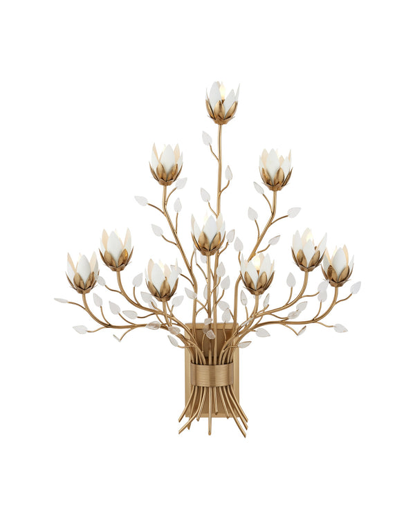 Currey & Company Star Magnolia Ten Light Gold White Metal Floral Sconce for Foyer or Living Room 5000-0299