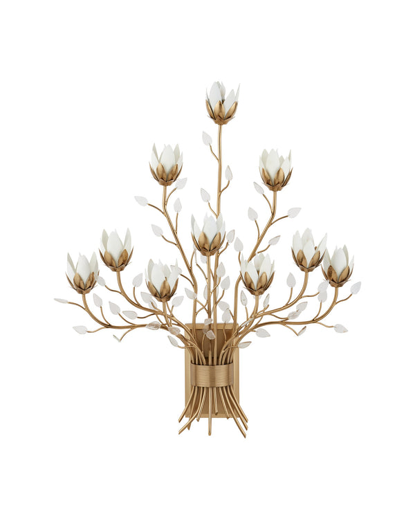 Currey & Company Star Magnolia Ten Light Gold White Metal Floral Sconce for Foyer or Living Room 5000-0299