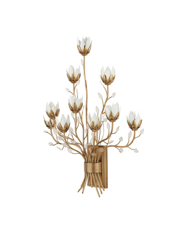 Currey & Company Star Magnolia Ten Light Gold White Metal Floral Sconce for Foyer or Living Room 5000-0299