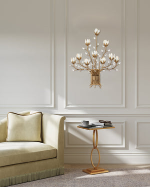 Currey & Company Star Magnolia Ten Light Gold White Metal Floral Sconce for Foyer or Living Room 5000-0299