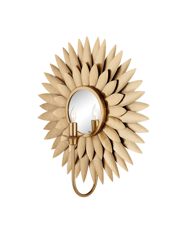Currey & Company Plumage Hammered Brass Leaf Wall Sconce Antique Finish Sculptural Ambient Light 5000-0300