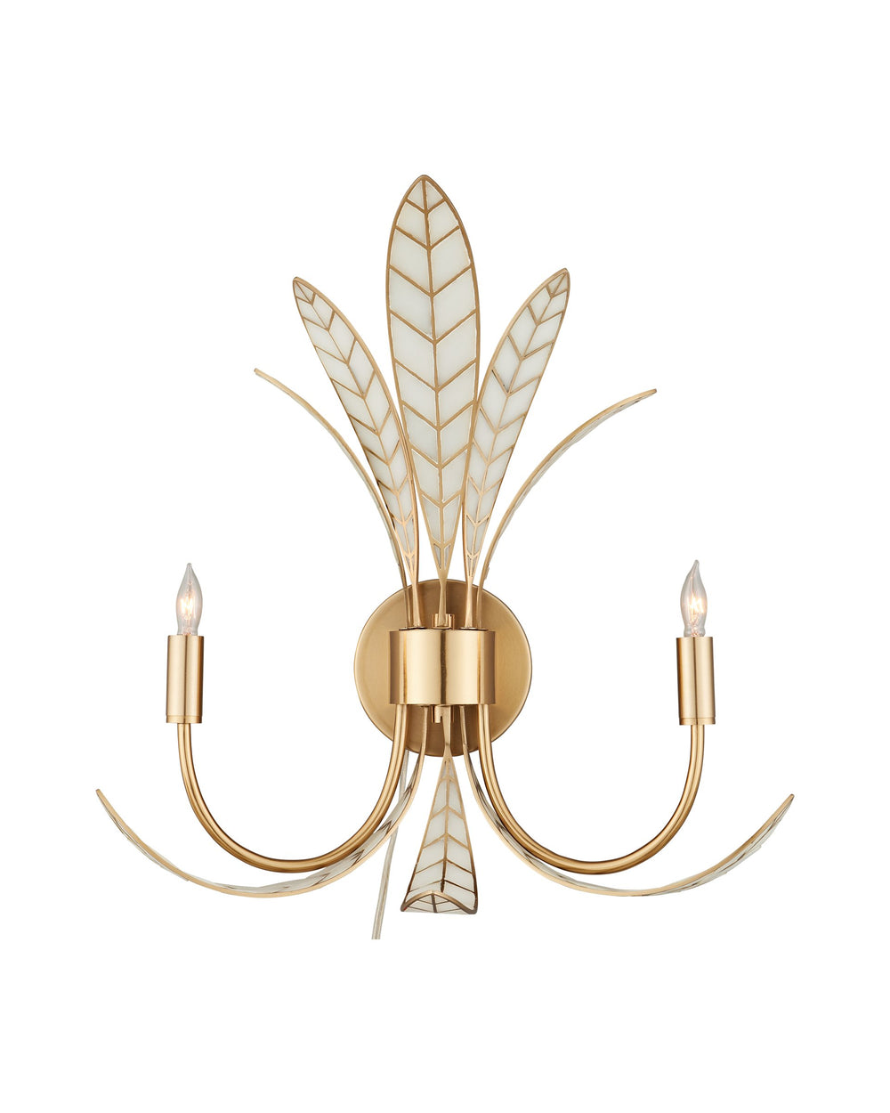 Currey & Company Foliatura Two Light Lotus Leaf Wall Sconce Sculptural White Gold Handcrafted 5000-0301