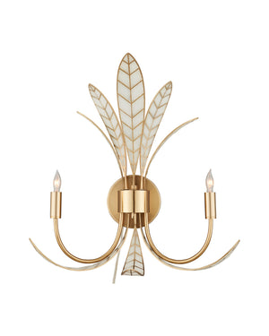 Currey & Company Foliatura Two Light Lotus Leaf Wall Sconce Sculptural White Gold Handcrafted 5000-0301