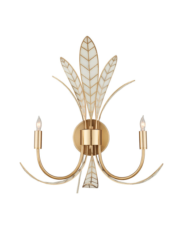 Currey & Company Foliatura Two Light Lotus Leaf Wall Sconce Sculptural White Gold Handcrafted 5000-0301