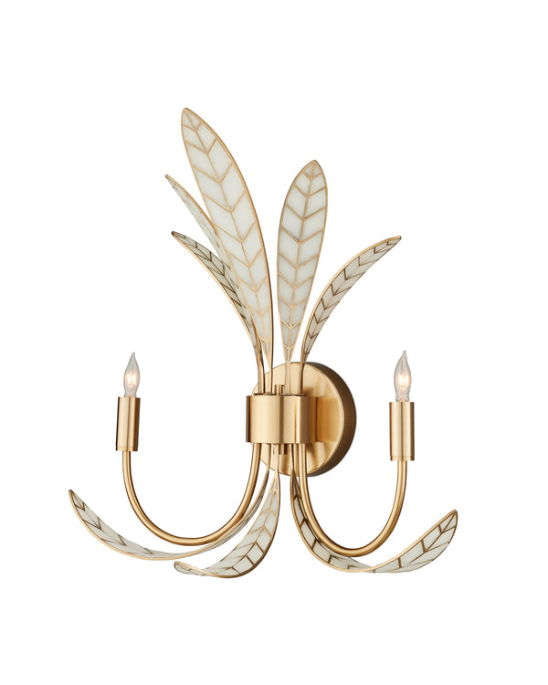 Currey & Company Foliatura Two Light Lotus Leaf Wall Sconce Sculptural White Gold Handcrafted 5000-0301