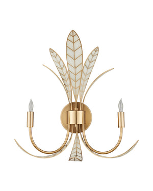 Currey & Company Foliatura Two Light Lotus Leaf Wall Sconce Sculptural White Gold Handcrafted 5000-0301