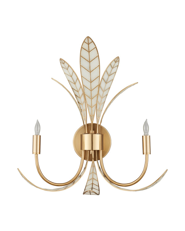 Currey & Company Foliatura Two Light Lotus Leaf Wall Sconce Sculptural White Gold Handcrafted 5000-0301