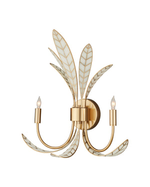 Currey & Company Foliatura Two Light Lotus Leaf Wall Sconce Sculptural White Gold Handcrafted 5000-0301