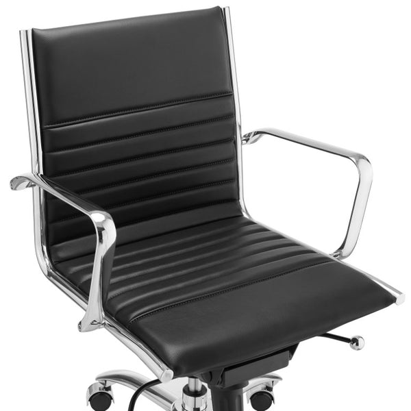 EuroStyle Dirk Low Back Leatherette Swivel Chair with Bungee Support and Chromed Steel Base Black 23 D x 24 W x 37 H 50002-BLK