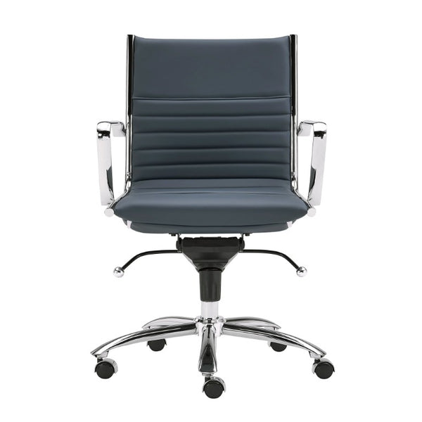 EuroStyle Dirk Low Back Leatherette Swivel Chair with Bungee Support and Chromed Steel Base Blue 23 D x 24 W x 37 H 50002-BLU