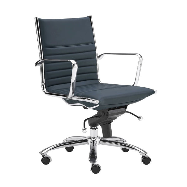 EuroStyle Dirk Low Back Leatherette Swivel Chair with Bungee Support and Chromed Steel Base Blue 23 D x 24 W x 37 H 50002-BLU
