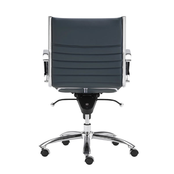 EuroStyle Dirk Low Back Leatherette Swivel Chair with Bungee Support and Chromed Steel Base Blue 23 D x 24 W x 37 H 50002-BLU