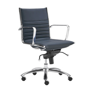 EuroStyle Dirk Low Back Leatherette Swivel Chair with Bungee Support and Chromed Steel Base Blue 23 D x 24 W x 37 H 50002-BLU