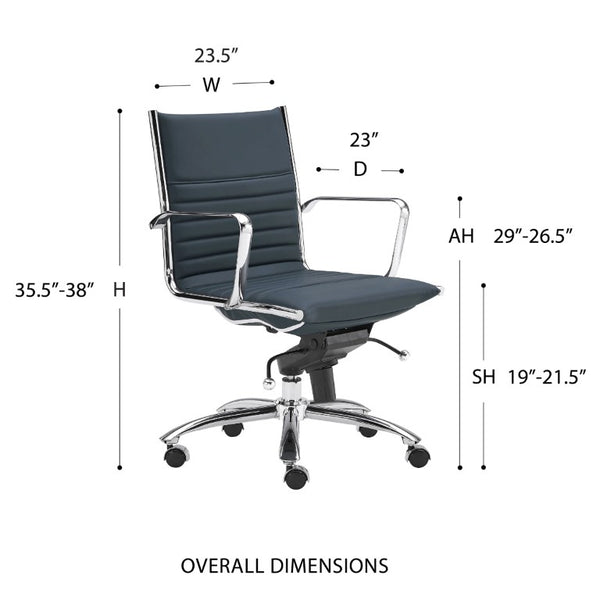 EuroStyle Dirk Low Back Leatherette Swivel Chair with Bungee Support and Chromed Steel Base Blue 23 D x 24 W x 37 H 50002-BLU