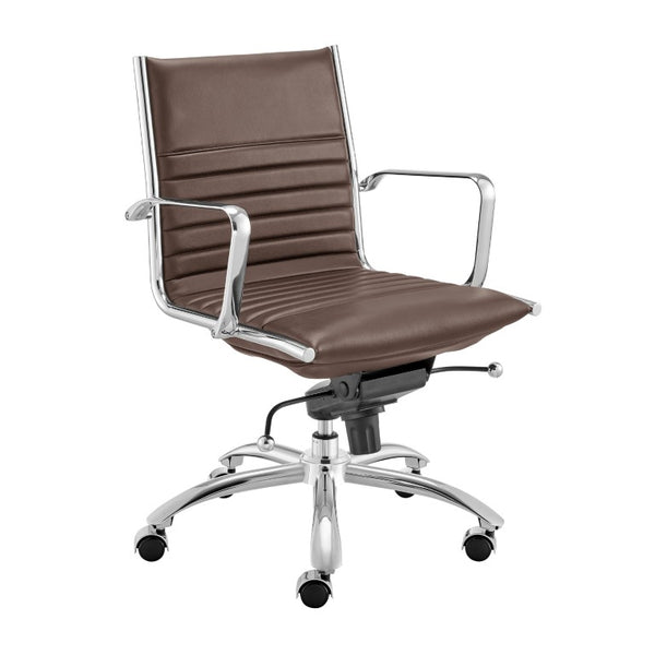 EuroStyle Dirk Low Back Leatherette Swivel Chair with Bungee Support and Chromed Steel Base Brown 23 D x 24 W x 37 H 50002-BRN