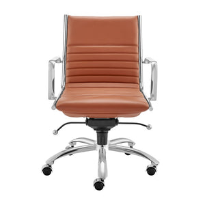 EuroStyle Dirk Low Back Leatherette Swivel Chair with Bungee Support and Chromed Steel Base Dark Caramel 23 D x 24 W x 37 H 50002-DKCRML