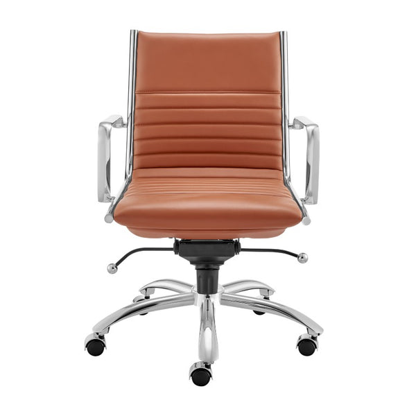 EuroStyle Dirk Low Back Leatherette Swivel Chair with Bungee Support and Chromed Steel Base Dark Caramel 23 D x 24 W x 37 H 50002-DKCRML