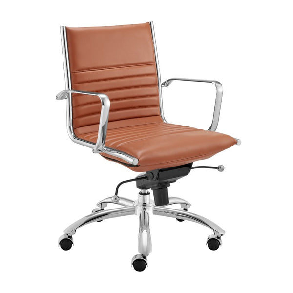 EuroStyle Dirk Low Back Leatherette Swivel Chair with Bungee Support and Chromed Steel Base Dark Caramel 23 D x 24 W x 37 H 50002-DKCRML