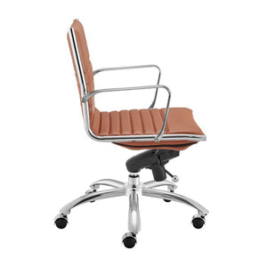 EuroStyle Dirk Low Back Leatherette Swivel Chair with Bungee Support and Chromed Steel Base Dark Caramel 23 D x 24 W x 37 H 50002-DKCRML