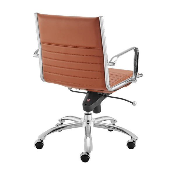 EuroStyle Dirk Low Back Leatherette Swivel Chair with Bungee Support and Chromed Steel Base Dark Caramel 23 D x 24 W x 37 H 50002-DKCRML