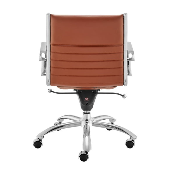 EuroStyle Dirk Low Back Leatherette Swivel Chair with Bungee Support and Chromed Steel Base Dark Caramel 23 D x 24 W x 37 H 50002-DKCRML