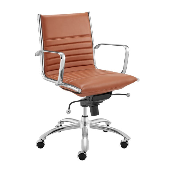 EuroStyle Dirk Low Back Leatherette Swivel Chair with Bungee Support and Chromed Steel Base Dark Caramel 23 D x 24 W x 37 H 50002-DKCRML