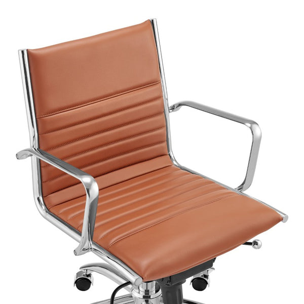 EuroStyle Dirk Low Back Leatherette Swivel Chair with Bungee Support and Chromed Steel Base Dark Caramel 23 D x 24 W x 37 H 50002-DKCRML